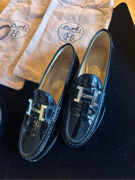 Hermes Shoes - Hermes Women’s Black Patent Leather Loafers with Silver H buckle